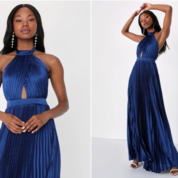 LULU's Prom Wedding Bridesmaid Pleated Satin Open Back Halter  Maxi Dress - Picture 1 of 3